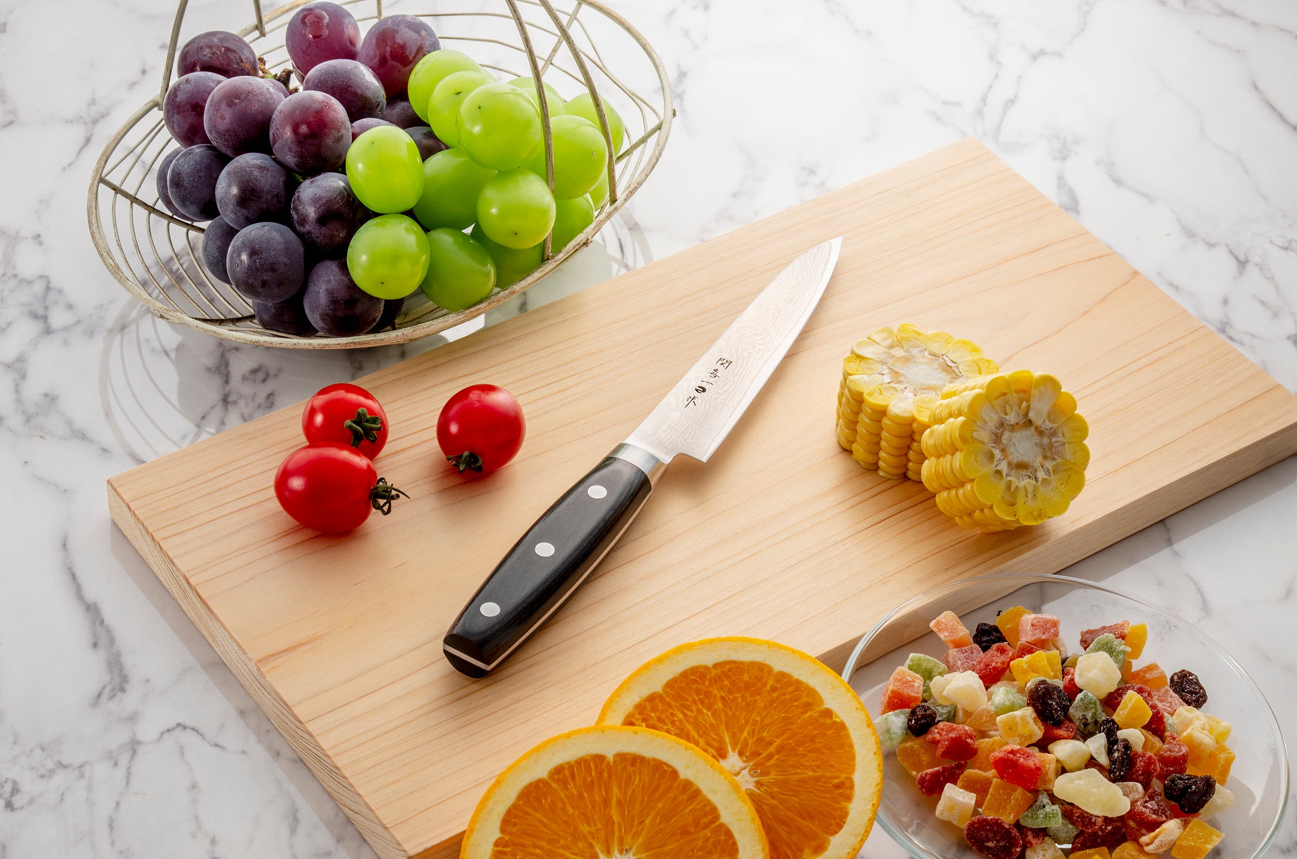 関喜一作、ペティナイフ135mm、ステンレスダマスカス鋼、芯材V金10号、積層強化木ハンドル