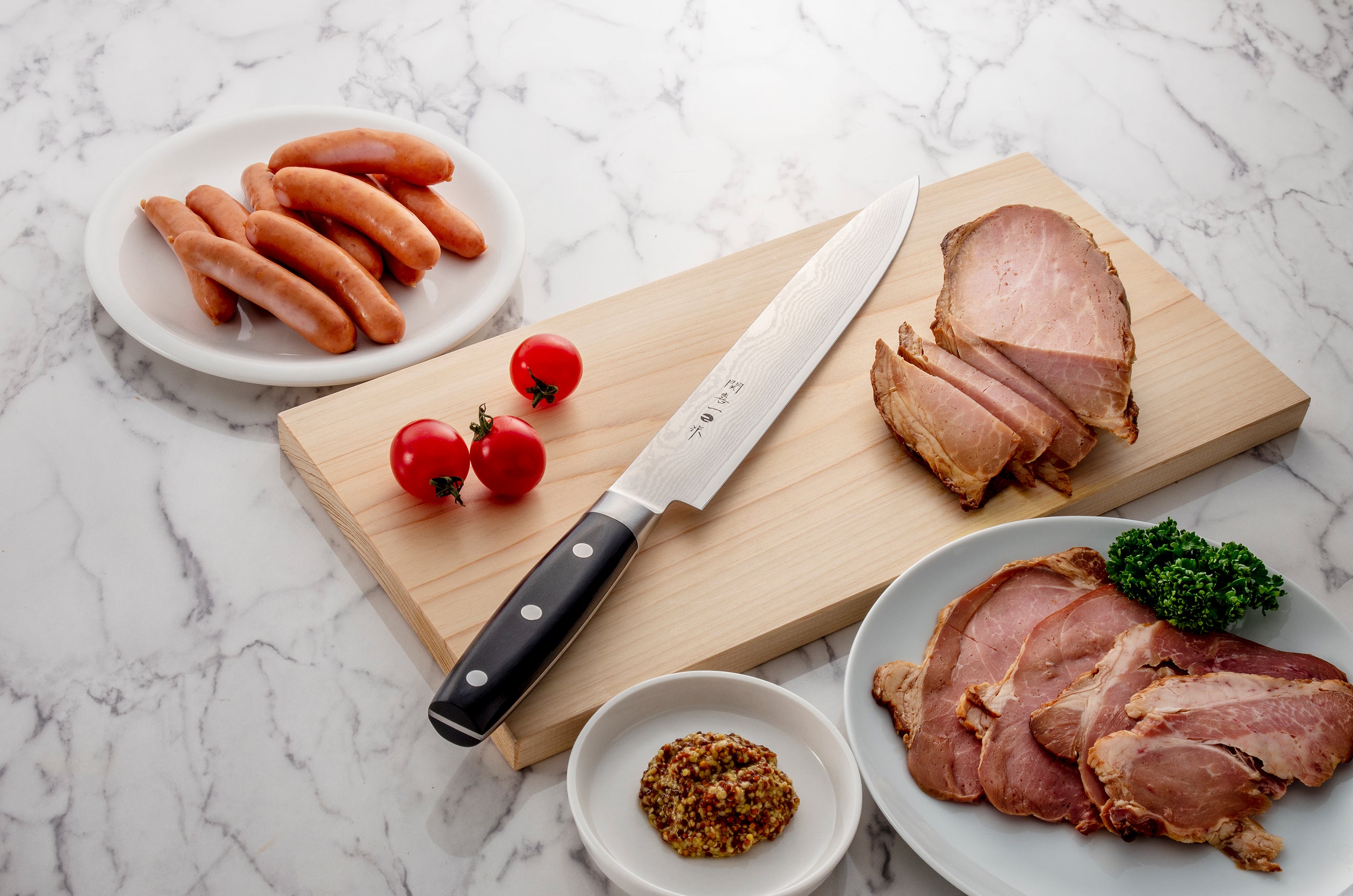 関喜一作、ハムスライサー240mm、ステンレスダマスカス鋼、芯材V金10号、積層強化木ハンドル