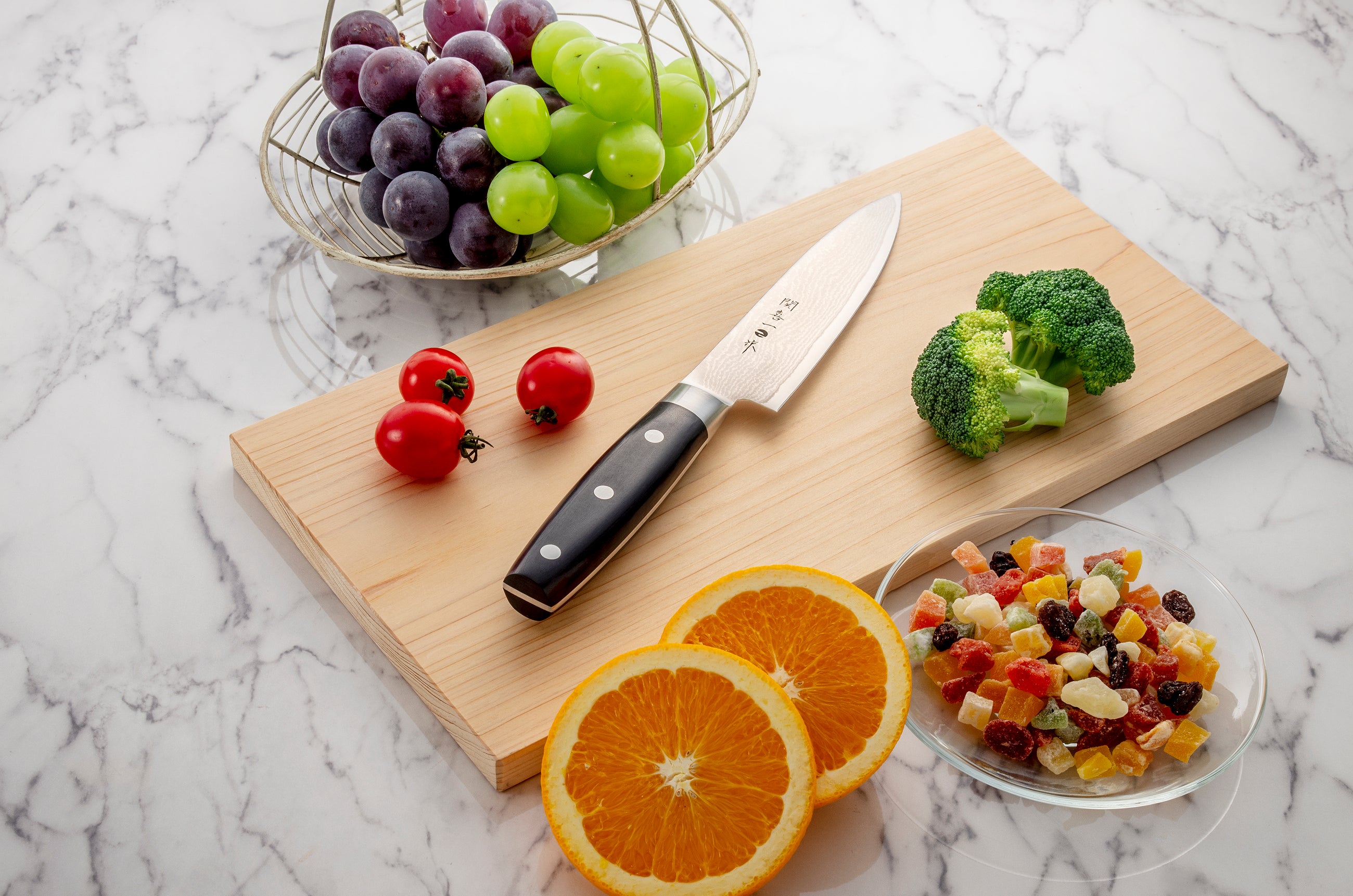 関喜一作、牛刀155mm、ステンレスダマスカス鋼、芯材V金10号、積層強化木ハンドル