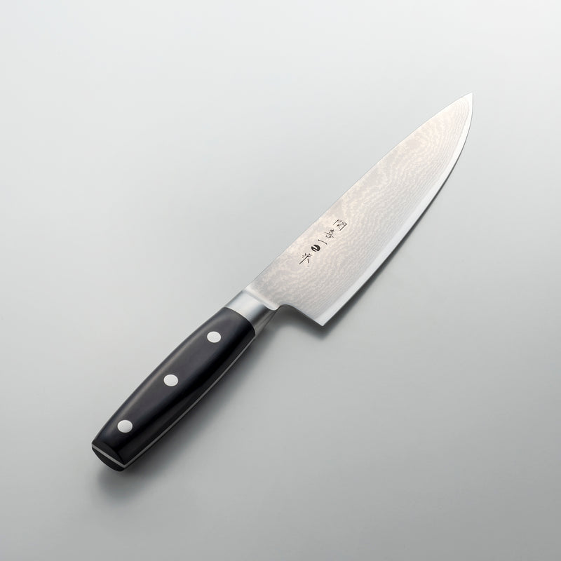関喜一作、牛刀200mm、ステンレスダマスカス鋼、芯材V金10号、積層強化木ハンドル