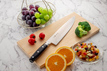 関喜一作、牛刀240mm、ステンレスダマスカス鋼、芯材V金10号、積層強化木ハンドル