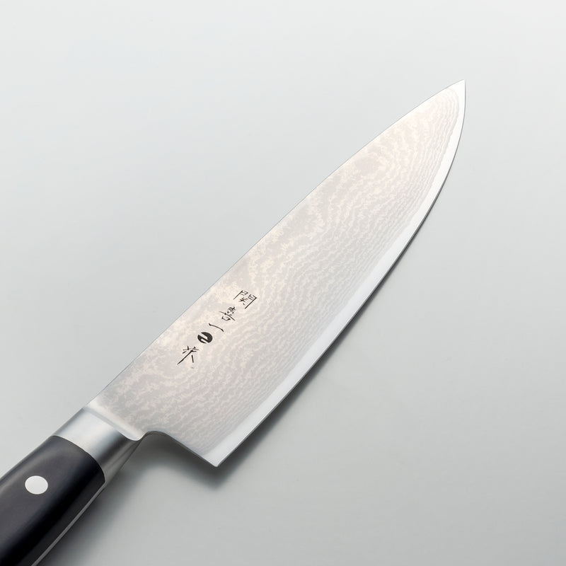 関喜一作、牛刀200mm、ステンレスダマスカス鋼、芯材V金10号、積層強化木ハンドル