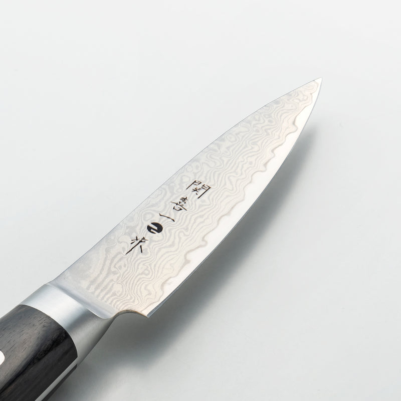関喜一作、皮むき包丁90mm、ステンレスダマスカス鋼、芯材V金10号、積層強化木ハンドル
