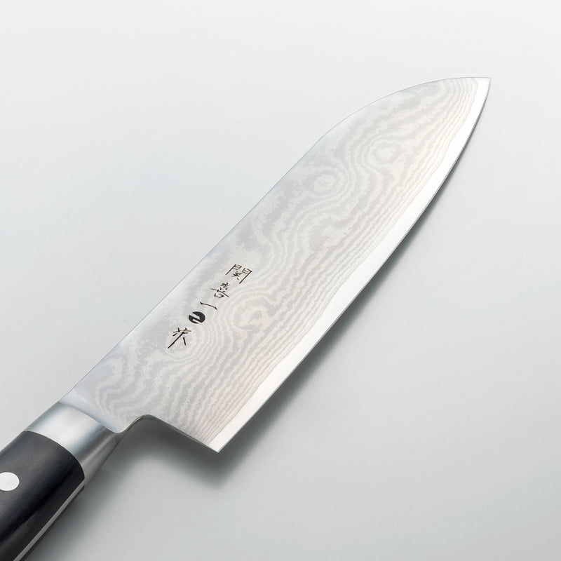 関喜一作、三徳包丁180mm、ステンレスダマスカス鋼、芯材V金10号、積層強化木ハンドル
