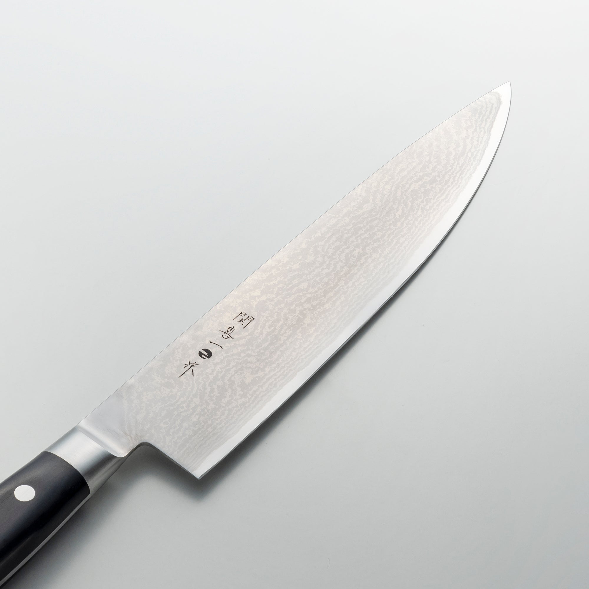 関喜一作、牛刀240mm、ステンレスダマスカス鋼、芯材V金10号、積層強化木ハンドル