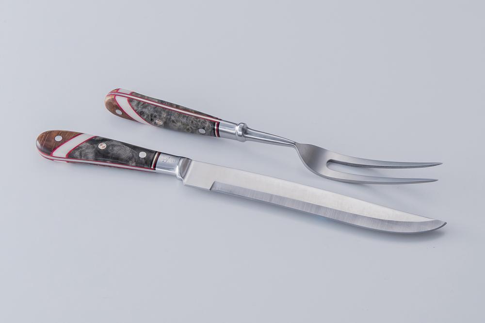 KOTO, Carving Knife(420 Stainless Steel) & Fork(410 Stainless Steel) Set, California buckeye burl & Corian(White) & Thuya burl Handle