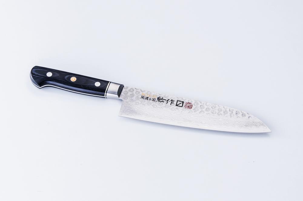 MINONOKUNI HIRO, 7.1 inch Forged VG10 with 16 Layers of Hammered Stainless Steel Damascus, Santoku type Double Edged, Black Micarta Handle