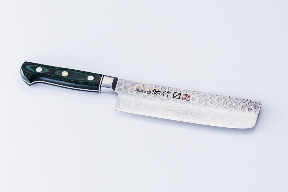 MINONOKUNI HIRO, 6.3 inch Forged VG10 with 16 Layers of Hammered Stainless Steel Damascus, Nakiri(used for vegetable) type Double Edged, Green Micarta Handle