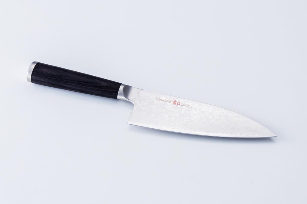 Shikisai MIYAKO, 6.5 inch AUS8 molybdenun vanadium steel  with 33 Layers of  Stainless Steel Damascus, Deba type Single Edged, Plywood Handle