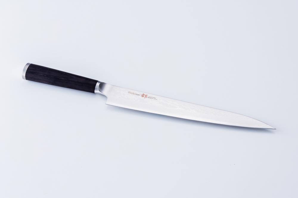 Shikisai MIYAKO, 9.5 inch AUS8 molybdenun vanadium steel  with 33 Layers of  Stainless Steel Damascus, Sashimi type Single Edged, Plywood Handle