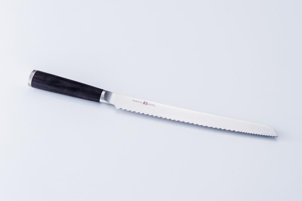 Shikisai MIYAKO, 9.5 inch AUS8 molybdenun vanadium steel  with 33 Layers of  Stainless Steel Damascus, Bread knife type Double Edged, Plywood Handle
