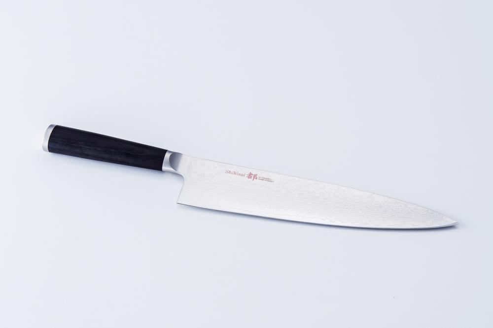 Shikisai MIYAKO, 9.5 inch AUS8 molybdenun vanadium steel  with 33 Layers of  Stainless Steel Damascus, Gyuto type Double Edged, Plywood Handle