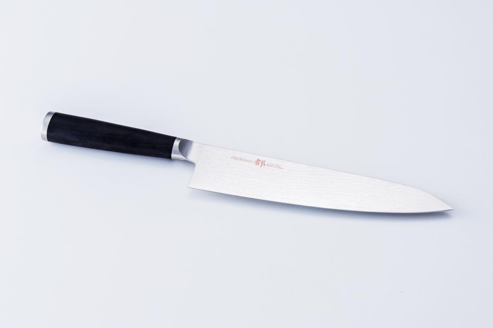 Shikisai MIYAKO, 8.3 inch AUS8 molybdenun vanadium steel  with 33 Layers of  Stainless Steel Damascus, Gyuto type Double Edged, Plywood Handle