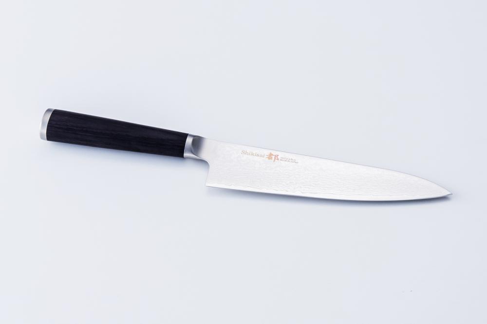 Shikisai MIYAKO, 7.1 inch AUS8 molybdenun vanadium steel  with 33 Layers of  Stainless Steel Damascus, Gyuto type Double Edged, Plywood Handle