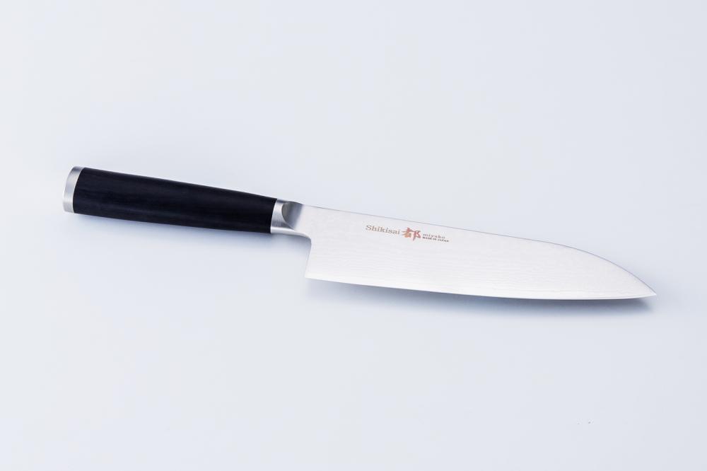 Shikisai MIYAKO, 7.1 inch AUS8 molybdenun vanadium steel  with 33 Layers of  Stainless Steel Damascus, Santoku type Double Edged, Plywood Handle