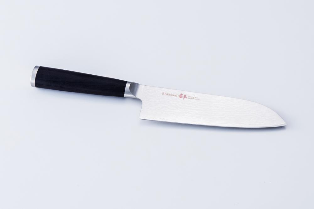 Shikisai MIYAKO, 6.5 inch AUS8 molybdenun vanadium steel  with 33 Layers of  Stainless Steel Damascus, Santoku type Double Edged, Plywood Handle