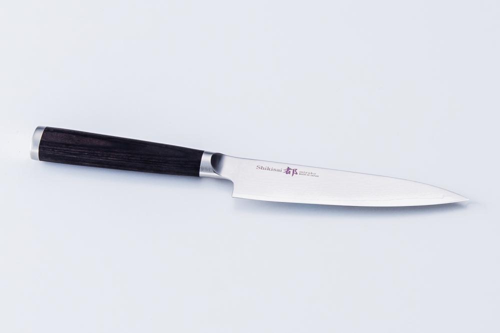 Shikisai MIYAKO, 5.1 inch AUS8 molybdenun vanadium steel  with 33 Layers of  Stainless Steel Damascus, Petit type Double Edged, Plywood Handle