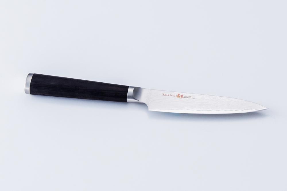 Shikisai MIYAKO, 4.3 inch AUS8 molybdenun vanadium steel  with 33 Layers of  Stainless Steel Damascus, Petit type Double Edged, Plywood Handle
