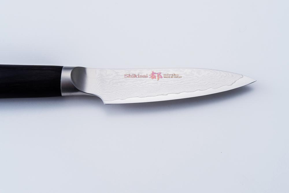 Shikisai MIYAKO, 3.2 inch AUS8 molybdenun vanadium steel  with 33 Layers of  Stainless Steel Damascus, Paring type Double Edged, Plywood Handle